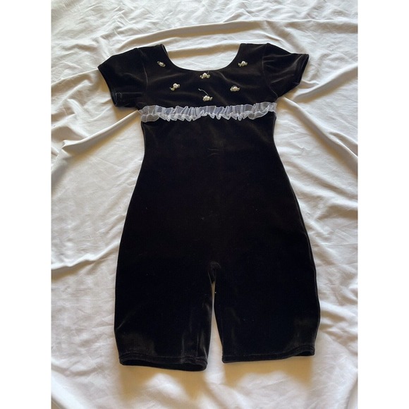 JACQUES MORET Designer Leotard Girls L 10/12 Black Velvet Roses Shorts 80s - Picture 5 of 9